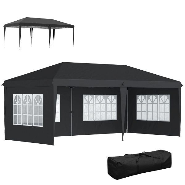 Outsunny Pavillon ca. 3x6m Wasserdicht Pop-up Faltpavillon mit 4 Seitenwänden, Fenster UV-Schutz Tragetasche Schwarz, 84C-431V00BK