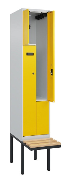 C+P Z-Spind Evolo PLUS, Bank, 2 Fächer, 2120x400x815mm, 7035/1023, Zylinderschloss, Sitzfläche Holz, 0490437-122 S10025