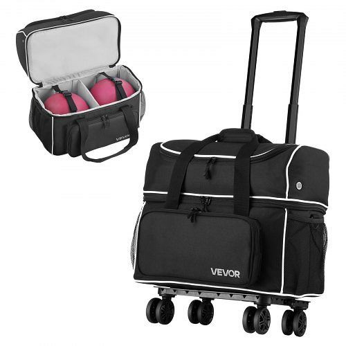 VEVOR Bowlingballtasche für 2 Bälle, vier Rollen, Schuhfach (bis US-Größe 16), Zubehörtasche, ausziehbarer Griff 95 cm, Schwarz, GLLGBLQBQBLG3VL6N001V0