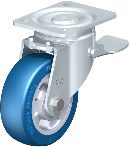 Blickle LH-ALBS 150K-ST Stahlblech-Lenkrolle, Schwerlast-Ausführung, mit Anschraubplatte & Feststeller, Blickle Besthane® Soft, Blau, 852451