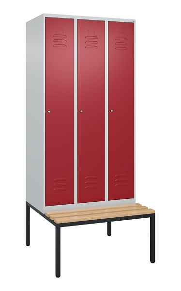 C+P Umkleidespind Classic PLUS, mit untergebauter Sitzbank, 3 Abteile, 2120x900x815mm, 7035/3003, Zylinderschlösser, Buche-Sitzleisten, 0800507-30 S10046