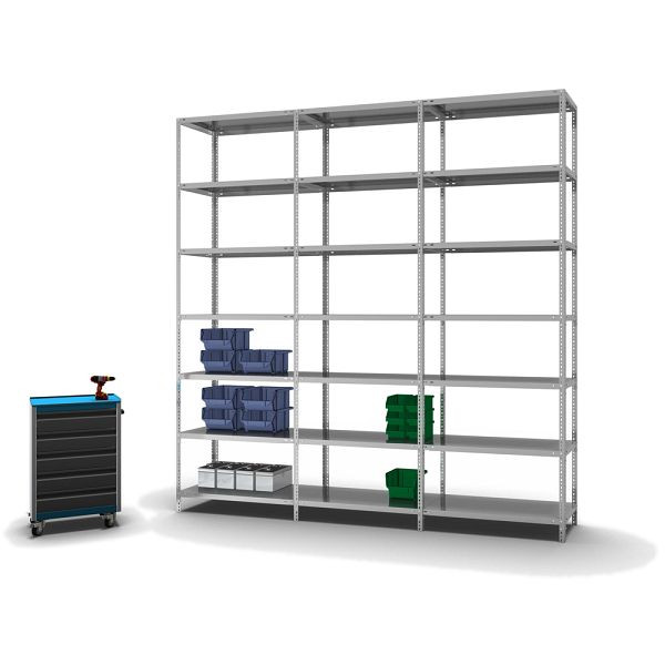 hofe Fachboden-Grundregal, 3000x500x1000 mm, 7 Fachebenen, verzinkt, 125 kg Fachlast, 875 kg Feldlast, zweiseitige Bedienung, WZG30510L