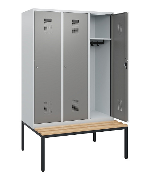 C+P Spind Evolo PLUS, 3 Abteile, 1950x1200x815mm, 7035/0004, Zylinderschloss, Sitzfläche Buche-Hartholz, Sitzbank, 0490505-32 S10041