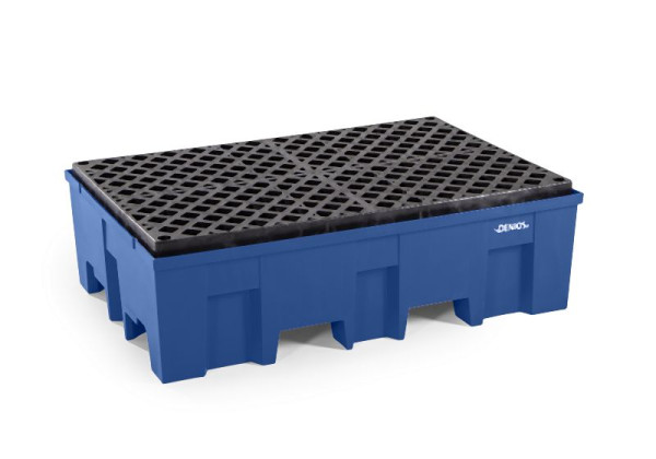 DENIOS Auffangwanne aus Polyethylen (PE) für 2 Fässer à 200 Liter, 865 x 1245 x 375 mm, mit Gitterrost, 328287