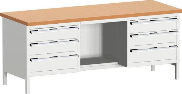 bott cubio Kastenwerkbank mit 6 Schubladen Ablage, Rotbuche-Arbeitsplatte BxTxH: 2000 x 750 x 840 mm, RAL 7035, 41002074.16V