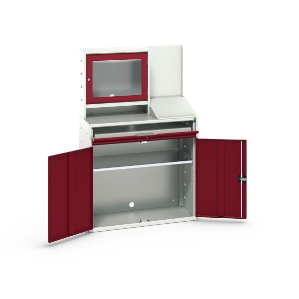 bott verso Computerschrank mit Bildschrimfach, mit Hängeschrank, 1 Fachboden, 1 Tablar, BxTxH: 1050 x 550 x 1650 mm, Lichtgrau / Purpurrot, 16928022.24