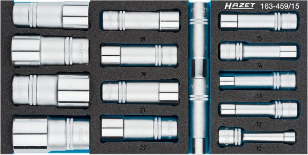 Hazet Steckschlüsseleinsatz Satz, Vierkant hohl 12,5 mm (1/2 Zoll), Außen-Sechskant-Tractionsprofil, 10 - 32, Anzahl Werkzeuge: 15, 163-459/15