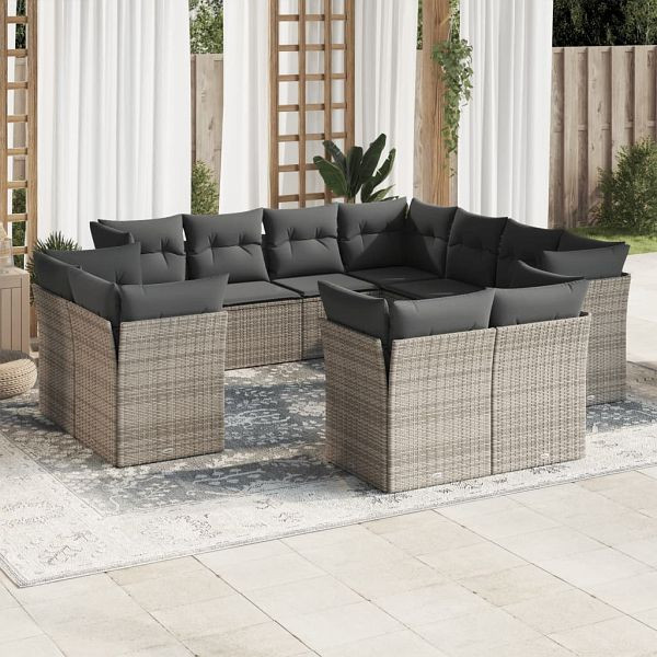 vidaXL 11-teilig Garten-Sofagarnitur mit Kissen Grau Poly Rattan, 3218510