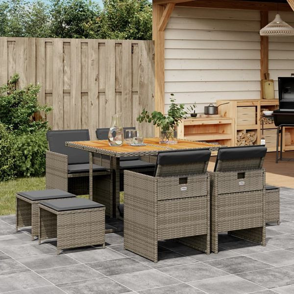 vidaXL 9-tlg. Garten-Essgruppe mit Kissen Grau Poly Rattan, 3210602