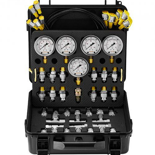 VEVOR Hydraulikdruck-Testkit, 10/100/250/400/600 bar, 5 Messgeräte, 13 Kupplungen, 14 T-Anschlüsse, mit Tragetasche, JXYBZ5T13G0031N8JV0