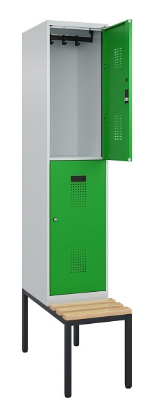 C+P Doppelstock-Spind Evolo PLUS, Bank, 2 Fächer, 2120x400x815mm, 7035/6037, Zylinderschloss, Sitzfläche Buche-Hartholz, Sitzbank, 0493507-12 S10038