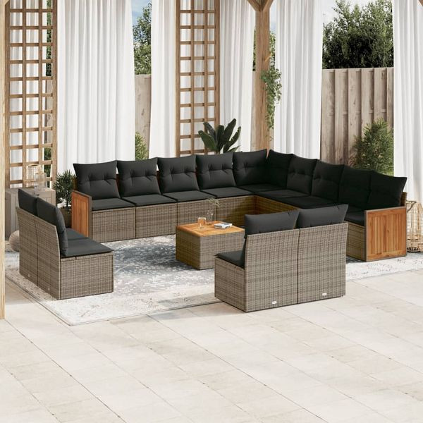 vidaXL 14-teilig Garten-Sofagarnitur mit Kissen Grau Poly Rattan, 3260576