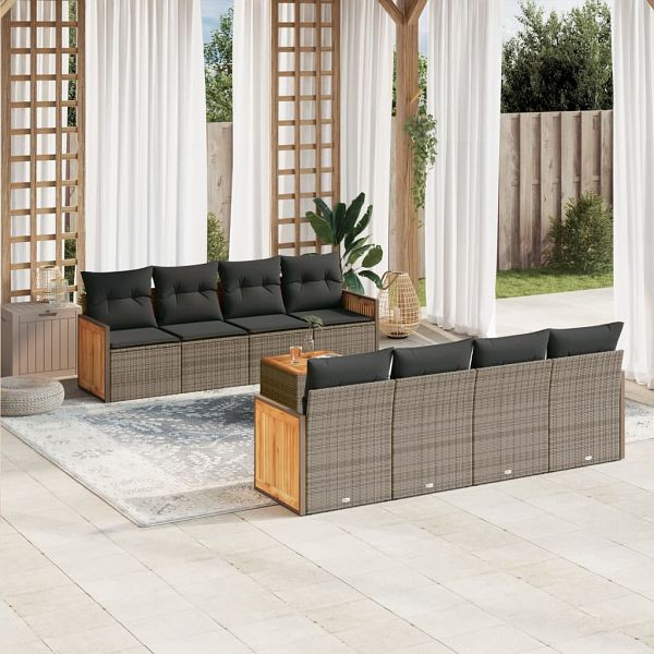 vidaXL 9-teilig Garten-Sofagarnitur mit Kissen Grau Poly Rattan, 3259904