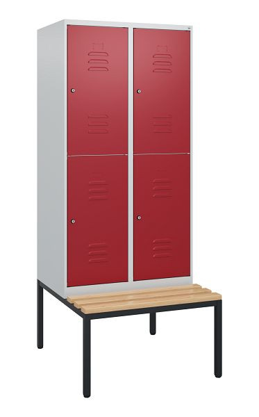 C+P Doppelstöckiger Spind Classic PLUS, 2 Abteile, 1950x800x815mm, 7035/3003, Zylinderschlösser, Buche-Sitzleisten, Sitzbank, 0803505-22 S10027