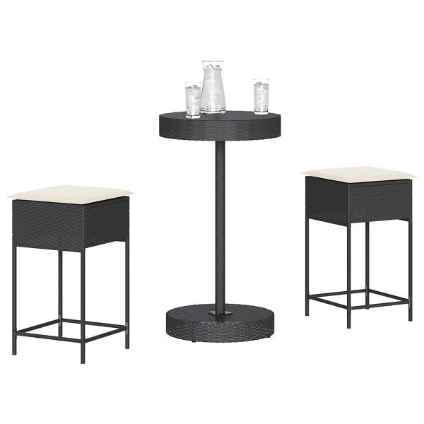 vidaXL 3-tlg. Gartenbar-Set mit Kissen Schwarz Poly Rattan, UV-beständig, 3261441