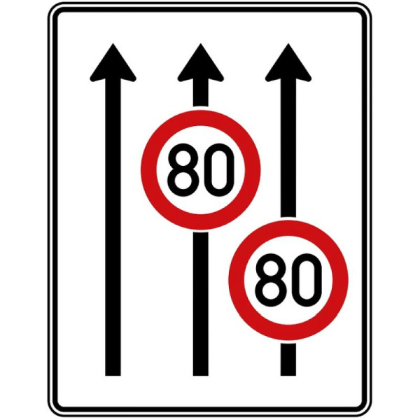 Stein HGS Fahrstreifentafel ohne Gegenverkehr, RA1/Alform, ohne Entfernungsangabe, 1600x1250mm, 3 Streifen in Fahrtrichtung, 2 Streifen mit Höchstgeschwindigkeit, 523-31-112
