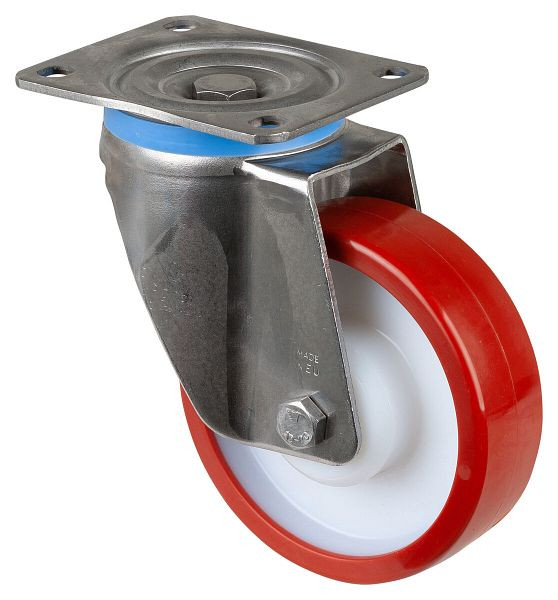 BS Rollen Edelstahl-Schwerlastrolle Lenkrolle, Edelstahl, Polyurethanrad rot, Gleitlager, Anschraubplatte 150 mm,Tragfähigkeit 600 kg, HS100.B27.150