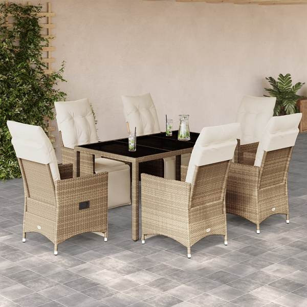 vidaXL 7-tlg. Garten-Bistro-Set mit Kissen Beige Poly Rattan, UV-beständig, 3276940