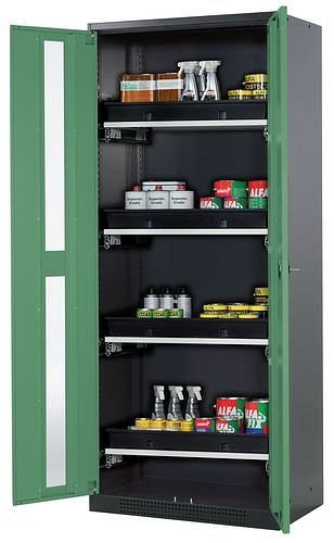 asecos Chemikalienschrank Systema-T CS-84G, Korpus anthrazit, Flügeltüren grün, 4 Tablarauszüge, 208931
