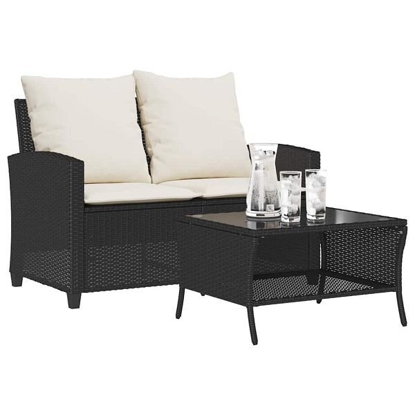 vidaXL Gartensofa 2-Sitzer mit Kissen & Tisch Schwarz Poly Rattan, 4103845