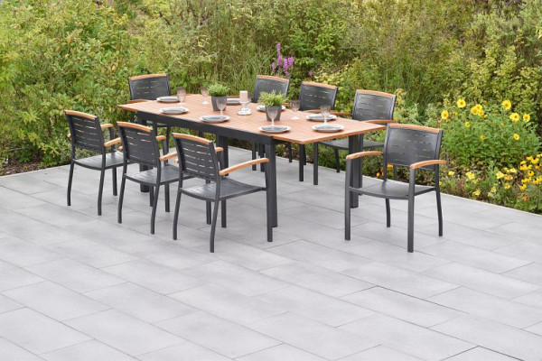 Merxx Tinos Set 9-teilig, 8 Tinos Stapelsessel, 1 Ausziehtisch 180 (250) x 100 cm, Tischplatte aus Akazienholz, Aluminium mit FSC Akazienholz, 50816-217