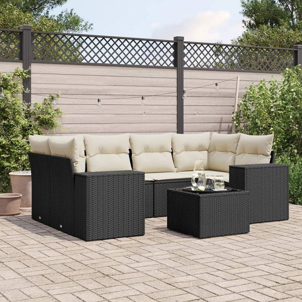 vidaXL 7-teilig Garten-Sofagarnitur mit Kissen Schwarz Poly Rattan, 3222315