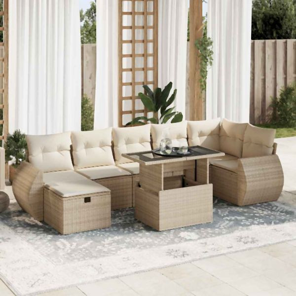 vidaXL 8-tlg. Garten-Sofagarnitur mit Kissen Beige Poly Rattan, 3327908
