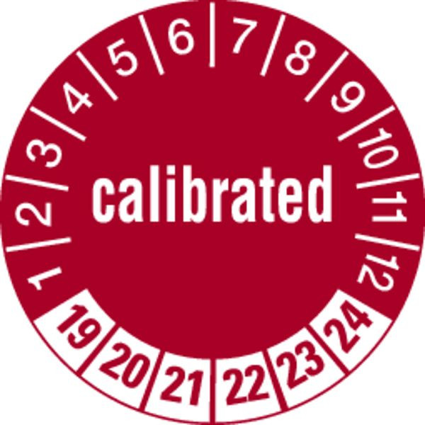 Schilder Klar Prüfetikett calibrated ab 23 rot/weiß, 30 mm Folie selbstklebend, VE: 40 Stück, 43/67.23