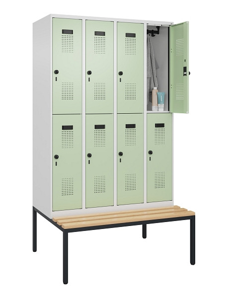C+P Doppelstock-Spind Evolo PLUS, Bank, 8 Fächer, 2120x1200x815mm, 9016/6019, Drehriegel, Sitzfläche Buche-Hartholz, Sitzbank, 0493507-40 S10019