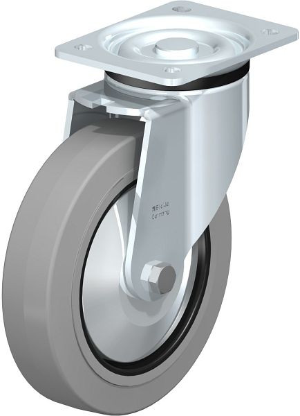 Blickle LK-POEV 200R-SG-FA Stahlblech-Lenkrolle, schwere Ausführung, mit Anschraubplatte, Elastik-Vollgummi, Grau, 518316