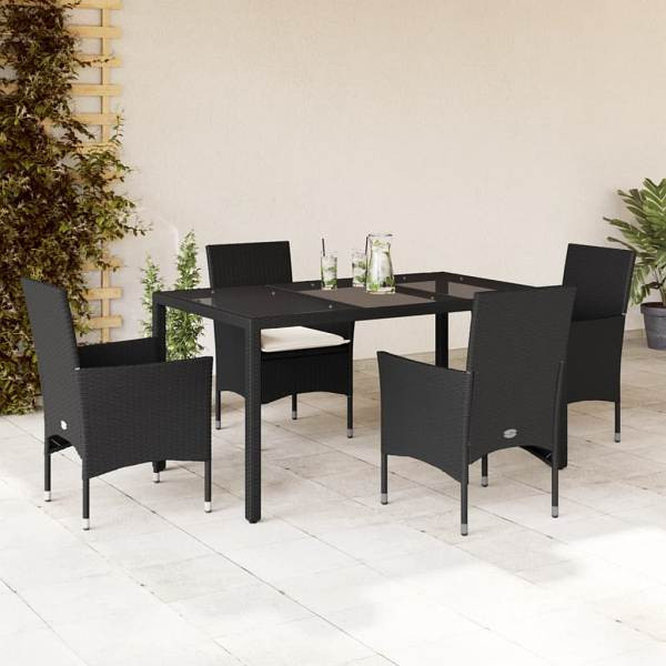 vidaXL 5-tlg. Garten-Essgruppe mit Kissen Schwarz Poly Rattan und Glas, UV-beständig, 3278539
