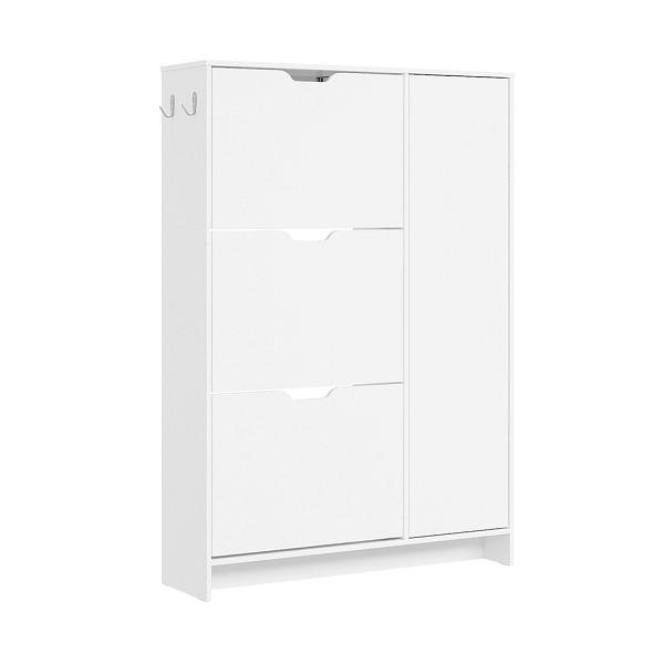 SoBuy Schuhschrank Weiß mit 3 Schubladen, Schuhregal mit Metallhaken, Aufbewahrungsschrank aus Spanplatte, 84×24×121 cm, Tragkraft 49 kg, FSR220-W