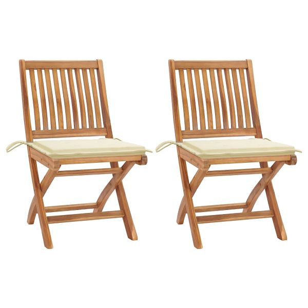vidaXL Gartenstühle 2 Stück mit Cremen Kissen Teak Massivholz, 3062435