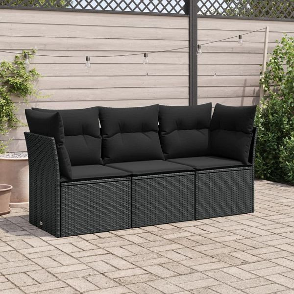 vidaXL 3-teilig Garten-Sofagarnitur mit Kissen Schwarz Poly Rattan, 3217205