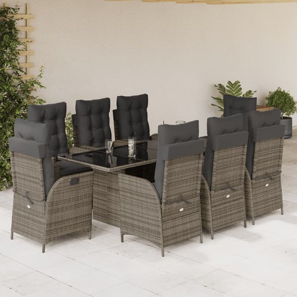 vidaXL 9-teilig Garten-Essgruppe mit Kissen Grau Poly Rattan, 3213123