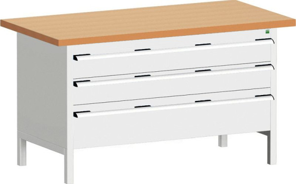 bott cubio Kastenwerkbank mit 3 Schubladen Rotbuche-Arbeitsplatte BxTxH: 1500 x 750 x 840 mm, RAL 7035, 41002168.16V