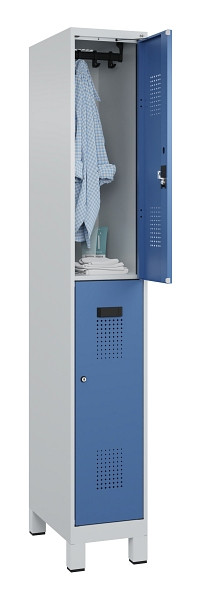 C+P Doppelstöckiger Spind Evolo PLUS, mit Füßen, 2 Fächer, 1950x300x500mm, 7035, Frontfarbe RAL 5023 Fernblau, Zylinderschloss, 049310-10 S10035
