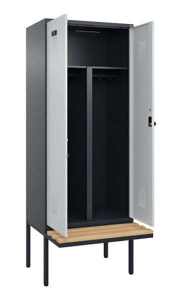 C+P PSA Doppel-Spind Evolo PLUS, Bank, 2 Abteile, 2120x800x815mm, 7016/7035, Drehriegel, Sitzfläche Holz, 0490427-22P S10017