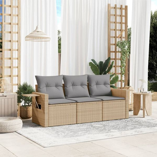 vidaXL 3-teilig Garten-Sofagarnitur mit Kissen Beige Poly Rattan, 3252196