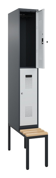 C+P Doppelstock-Spind Evolo PLUS, Bank, 2 Fächer, 2120x300x815mm, 7016/7035, Zylinderschloss, Sitzfläche Buche-Hartholz, Sitzbank, 0493507-10 S10044