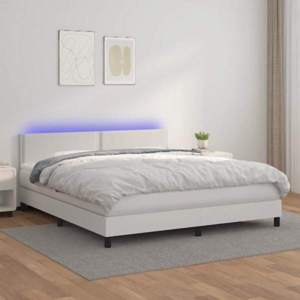 vidaXL Boxspringbett mit Matratze & LED Weiß 180x200 cm Kunstleder, 3134178