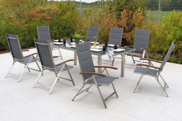 Merxx Ferrara Set 9-teilig, 8 Ferrara Klappsessel, gepadded, 1 Ausziehtisch 180 (240) x 100 cm, graue Glasplatte, 50375-309