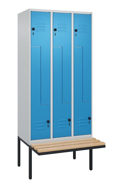 C+P Z-Spind Classic PLUS, Bank, 6 Abteile, 2120x900x815mm, 7035/5012, Drehriegel, Buche-Sitzleisten, 0800437-306 S10004