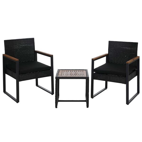 Mendler Poly-Rattan Garnitur HWC-P74, Lounge-Set Garten 2x Stuhl Tisch, Akazie Holz Stoff 180g/m², schwarz, Polster schwarz, 119733