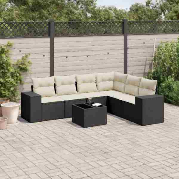 vidaXL 7-tlg. Garten-Sofagarnitur mit Kissen Schwarz Poly Rattan, UV-beständig, 3254953