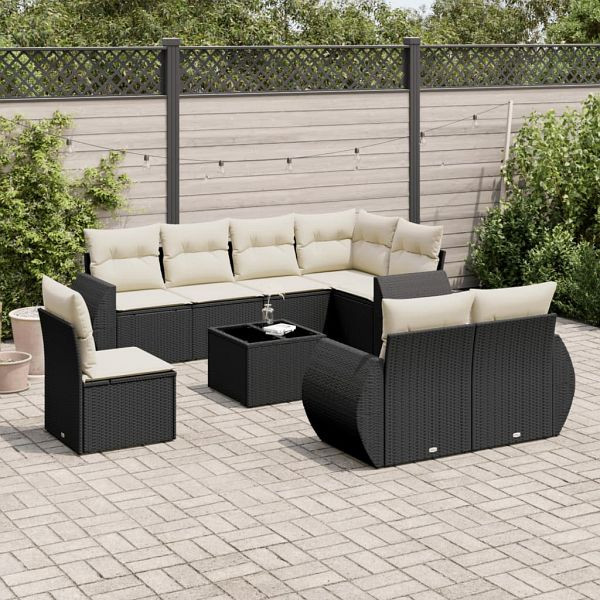 vidaXL 9-teilig Garten-Sofagarnitur mit Kissen Schwarz Poly Rattan, 3221645