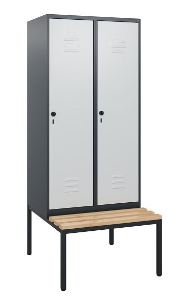 C+P Umkleidespind Classic PLUS, mit untergebauter Sitzbank, 2 Abteile, 1950x800x815mm, 7016/7035, Drehriegel, Buche-Sitzleisten, 0800505-22 S10013