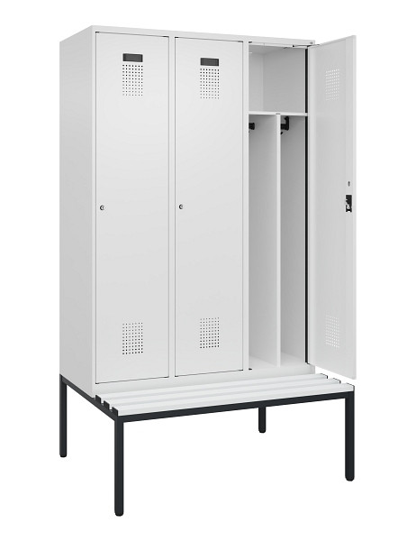 C+P Spind Evolo PLUS, 3 Abteile, 2120x1200x815mm, 9016/9016, Haken 4, Zylinderschloss, Sitzfläche Kunststoff, Sitzbank, Trennwand, 0490507-32F S10100