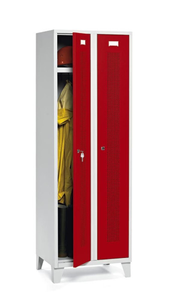 Deskin Garderobenspind SYSTEM SP1 mit Füßen, Korpus Lichtgrau, Türen Rubinrot, H 1800 x B 590 x T 500 mm, Zylinderschloss, 330833