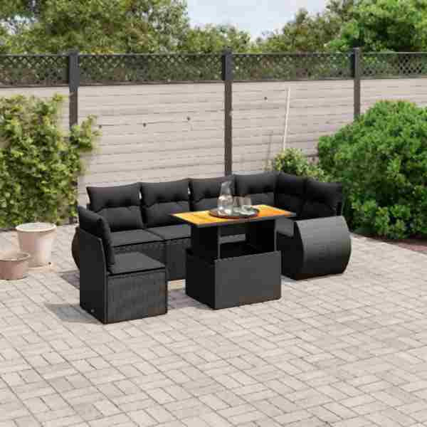vidaXL 7-tlg. Garten-Sofagarnitur mit Kissen Schwarz Poly Rattan, UV-beständig, 3272217
